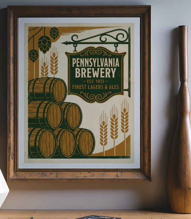 Pennsylvania Brewery sign with barrels and wheat graphic.