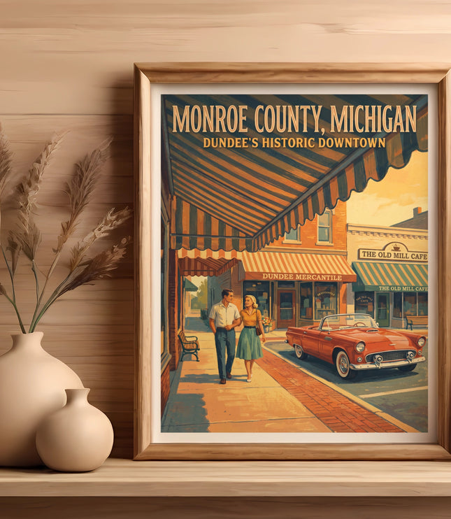 Monroe County, Michigan poster: Dundee's historic downtown with couple and convertible.