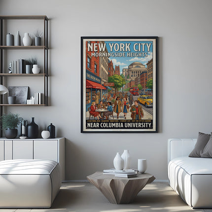 New York City Morningside Heights poster with text and illustration.