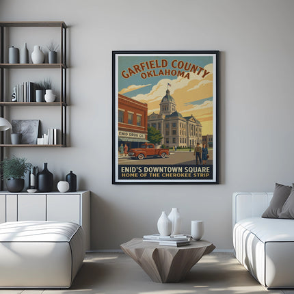 Garfield County poster showing Enid's Downtown Square and a vintage truck.