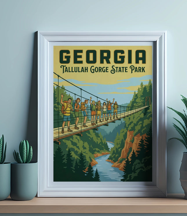 Framed poster of Georgia's Tallulah Gorge State Park featuring hikers on a suspension bridge.