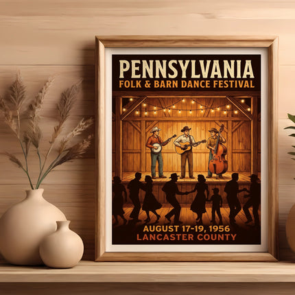 Pennsylvania Folk & Barn Dance Festival poster with band and dancing couple.