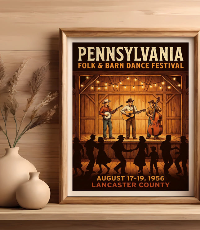 Pennsylvania Folk & Barn Dance Festival poster with band and dancing couple.