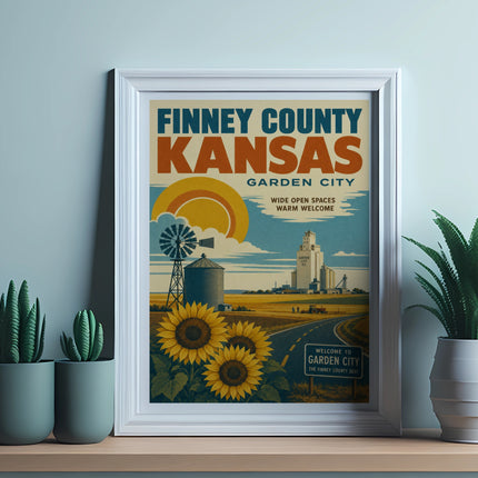 Vintage travel poster for Garden City, Finney County, Kansas, featuring sunflowers and a silo.