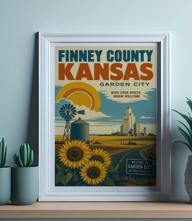 Vintage travel poster for Garden City, Finney County, Kansas, featuring sunflowers and a silo.