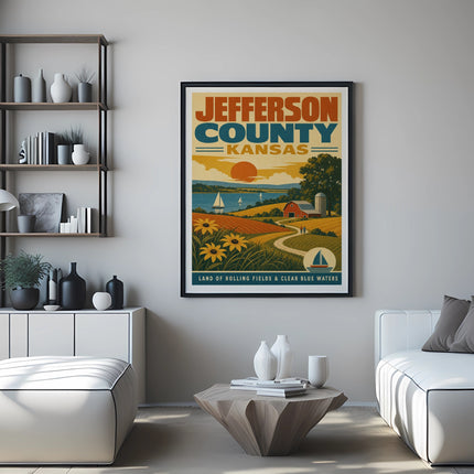 Poster for Jefferson County, Kansas, featuring a farm scene with a barn, rolling hills, and a lake.
