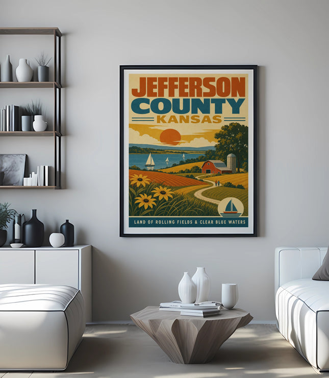 Poster for Jefferson County, Kansas, featuring a farm scene with a barn, rolling hills, and a lake.