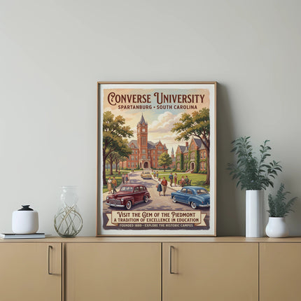Converse University poster with vintage cars, campus buildings and text.