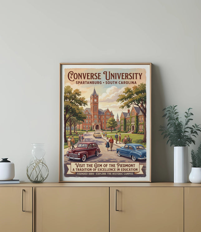 Converse University poster with vintage cars, campus buildings and text.