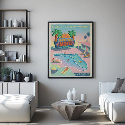 Vintage "Sunset Palms Motel" Florida vacation poster above a sofa.