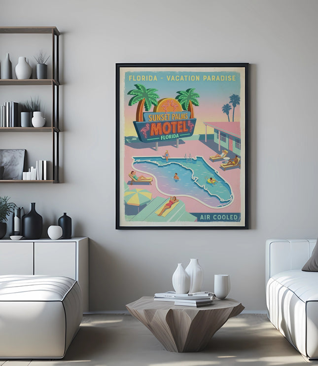 Vintage "Sunset Palms Motel" Florida vacation poster above a sofa.