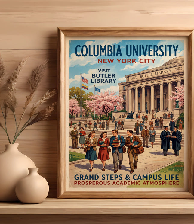 Vintage poster for Columbia University featuring Butler Library and students.