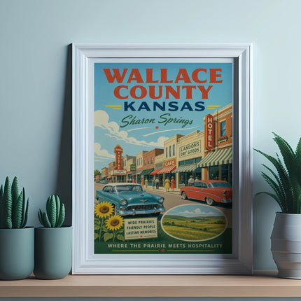 Vintage Wallace County, Kansas poster with "Sharon Springs" and a classic car.