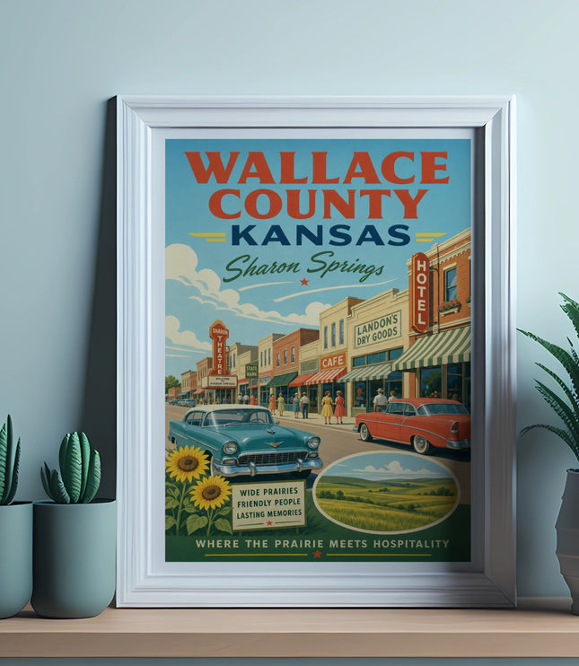 Vintage Wallace County, Kansas poster with "Sharon Springs" and a classic car.