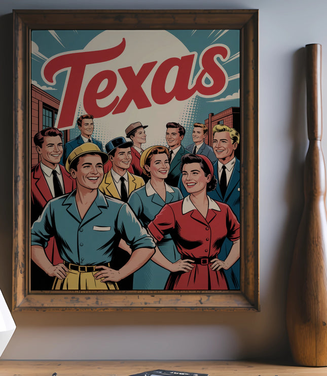 Vintage comic art poster of the word "Texas" with a group of smiling people.