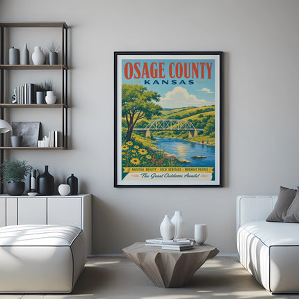 Osage County Kansas poster with bridge, river, and text "The Great Outdoors Awaits!".