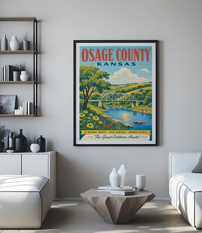 Osage County Kansas poster with bridge, river, and text "The Great Outdoors Awaits!".