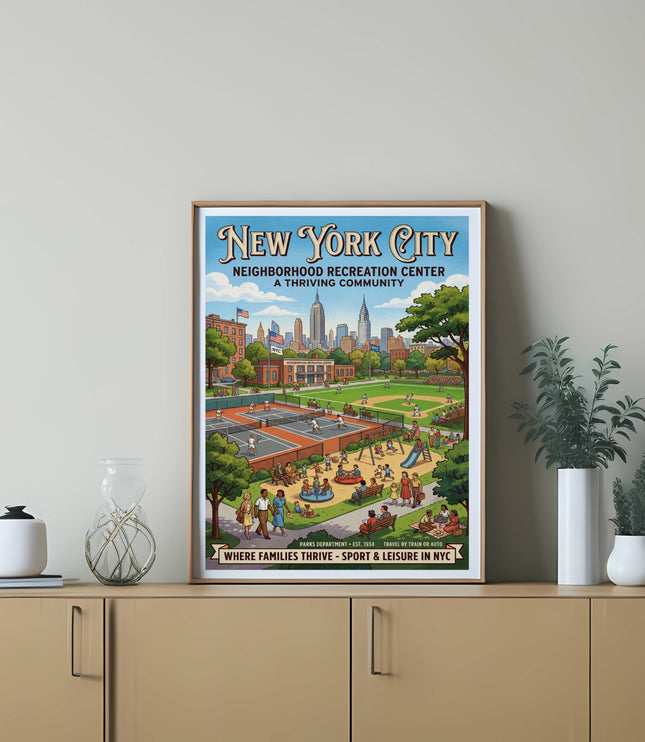 New York City Neighborhood Recreation Center poster showing activities and skyline.