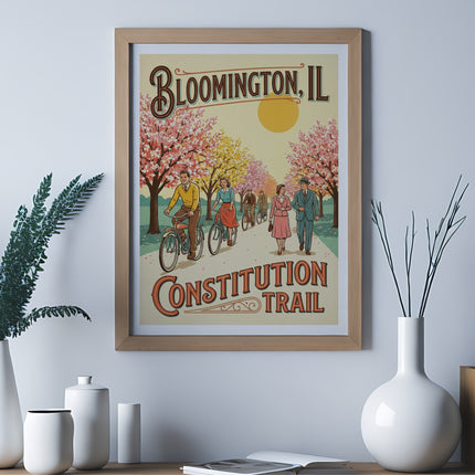 Bloomington, IL Constitution Trail vintage poster with cyclists and pedestrians.