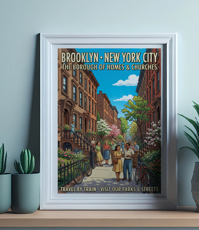 Retro travel poster of Brooklyn, New York City, showing brownstones and people.