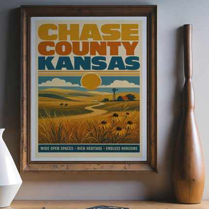 Chase County Kansas travel poster with windmill, barn, and sunflowers.