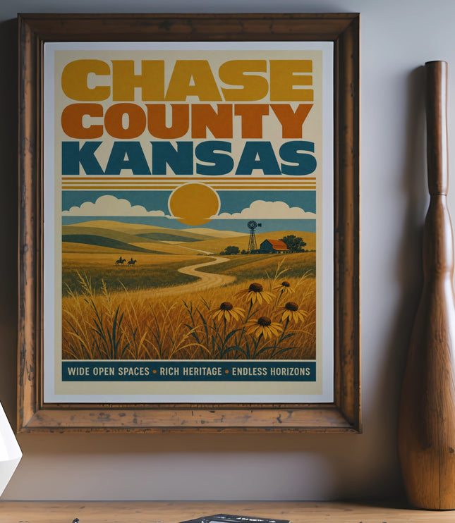 Chase County Kansas travel poster with windmill, barn, and sunflowers.