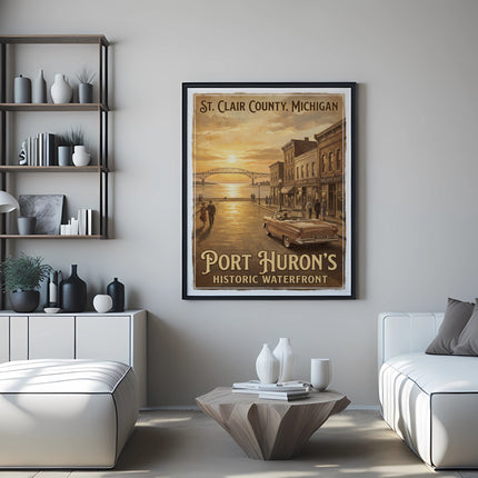 Vintage poster of Port Huron's historic waterfront with a sunset and bridge.