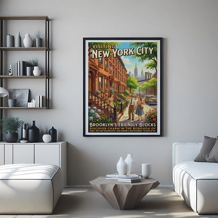 Vintage New York City poster featuring brownstone buildings and people.