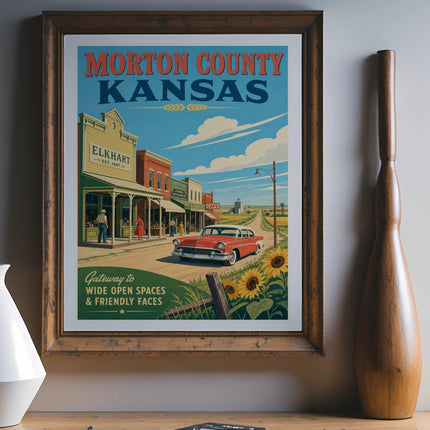 Poster for Morton County, Kansas, featuring Elkhart, a red car, and sunflowers.
