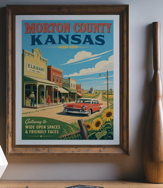 Poster for Morton County, Kansas, featuring Elkhart, a red car, and sunflowers.