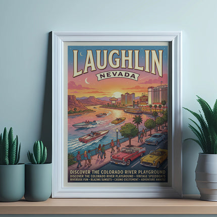 Poster advertising Laughlin, Nevada with vintage cars and river activities.