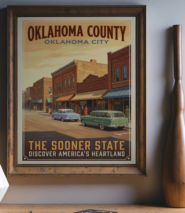 Oklahoma County, Oklahoma City vintage travel poster with cars and buildings.