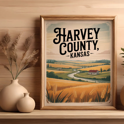 Framed art print of HARVEY COUNTY, KANSAS with rolling fields and a river.