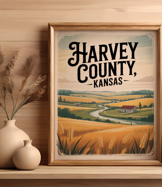Framed art print of HARVEY COUNTY, KANSAS with rolling fields and a river.