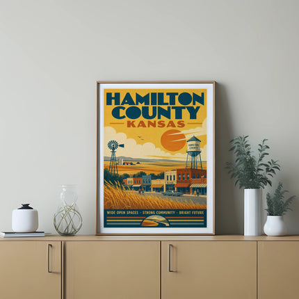 Hamilton County, Kansas retro travel poster with sun, wind turbine, and buildings.