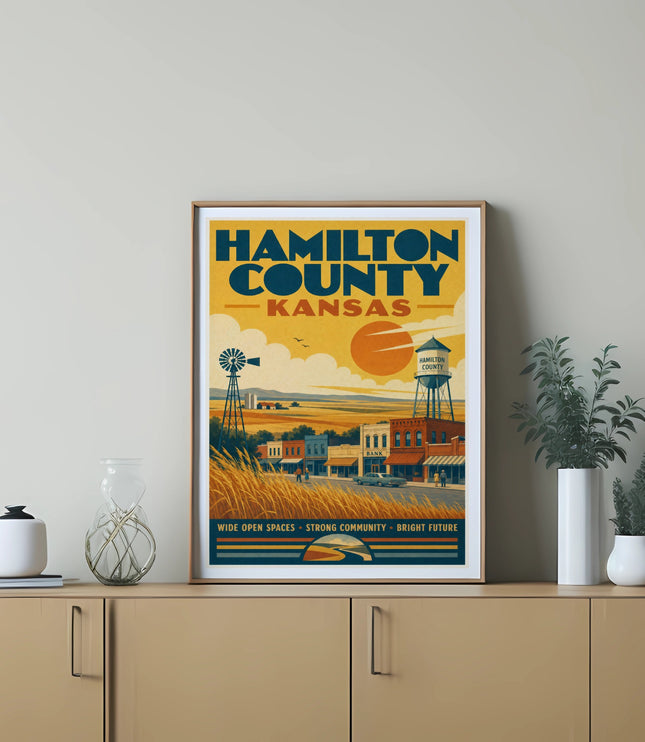 Hamilton County, Kansas retro travel poster with sun, wind turbine, and buildings.