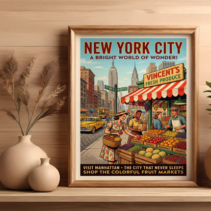 Vintage New York City poster advertising Vincent's Fresh Produce market.