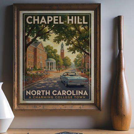Chapel Hill North Carolina a charming college town vintage poster in a wooden frame.
