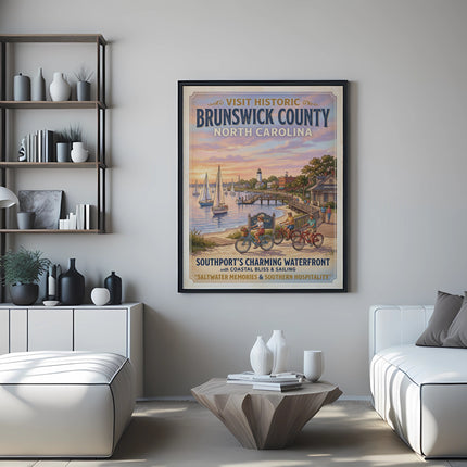 Vintage poster of Southport, North Carolina waterfront with sailboats and cyclists.