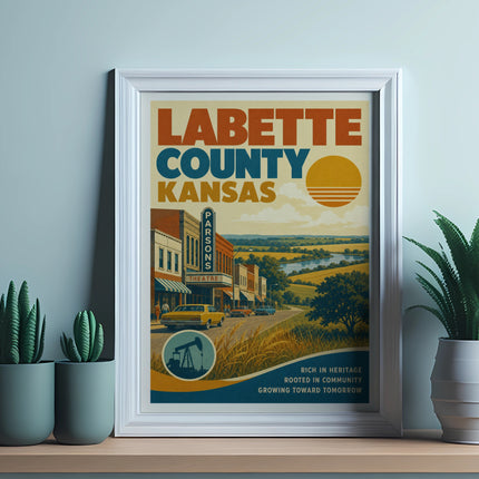 Labette County Kansas retro poster with town and landscape.
