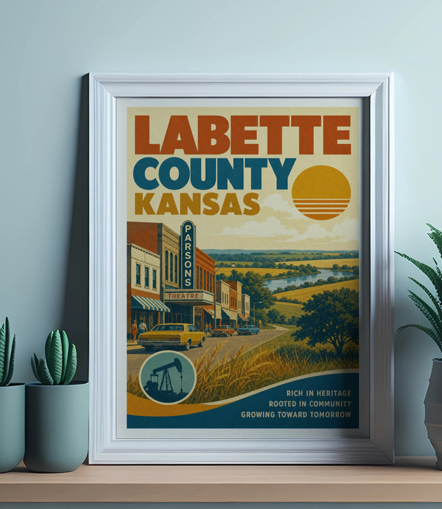 Labette County Kansas retro poster with town and landscape.