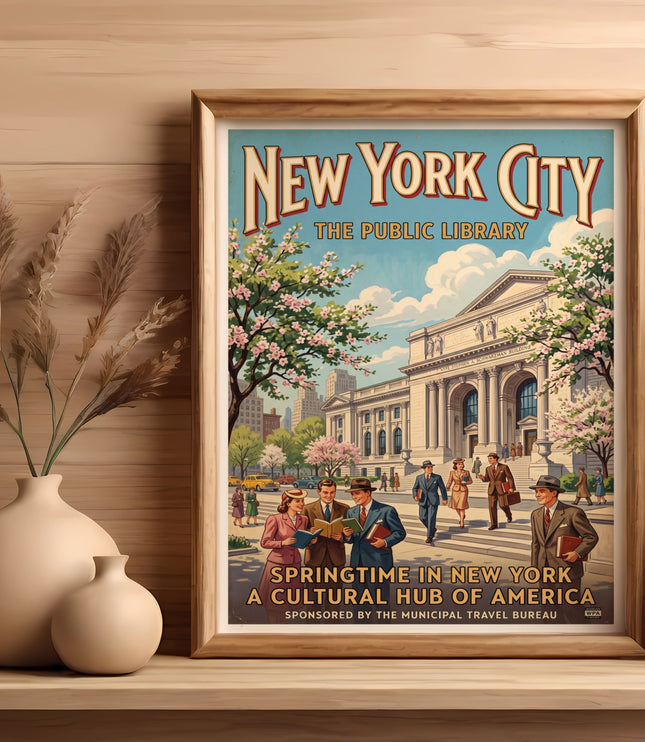 Vintage poster: New York City Public Library, springtime, cultural hub, sponsored by Travel Bureau.