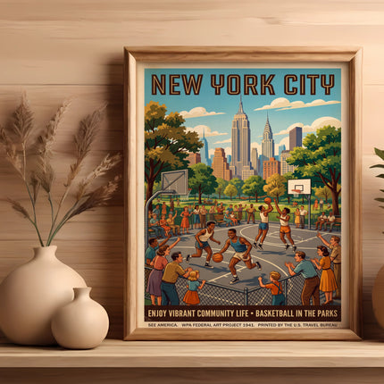 New York City parks poster depicts people playing basketball.