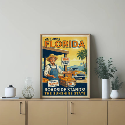 Florida roadside stand poster with oranges, sunshine, and text.