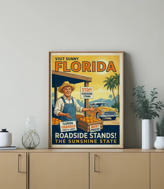 Florida roadside stand poster with oranges, sunshine, and text.
