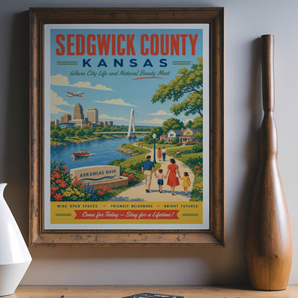Sedgwick County, Kansas vintage travel poster featuring river, city, and family.