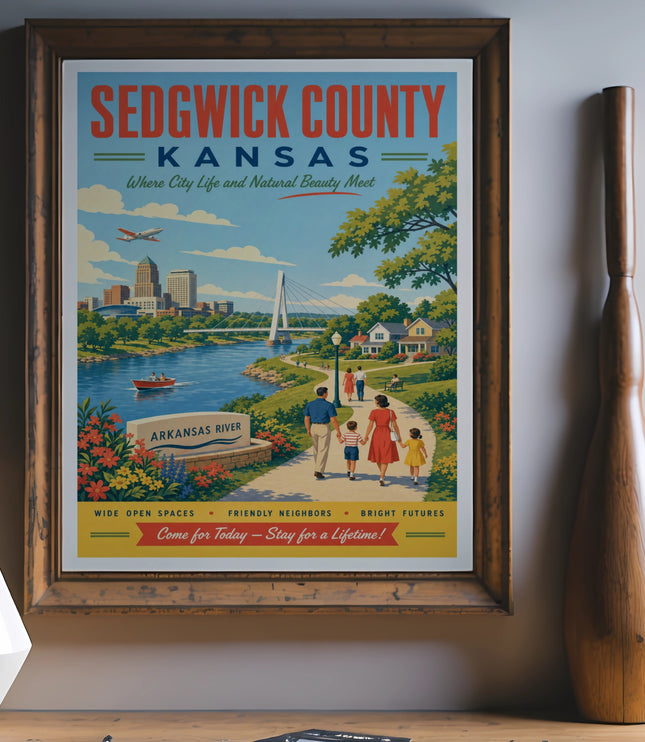 Sedgwick County, Kansas vintage travel poster featuring river, city, and family.