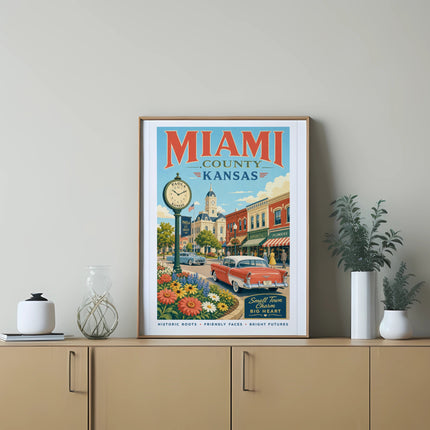 Vintage Miami County, Kansas Paola illustration with retro car and flowers.