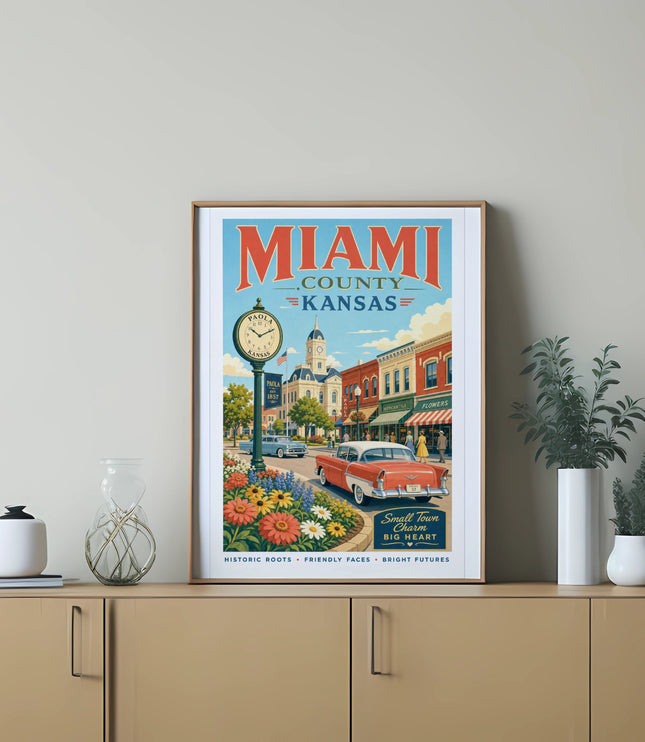 Vintage Miami County, Kansas Paola illustration with retro car and flowers.