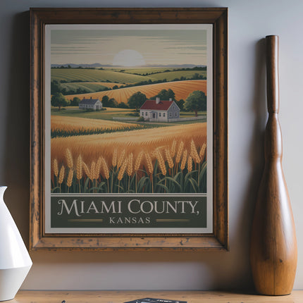 Vintage poster of Miami County, Kansas landscape with wheat fields and sun.